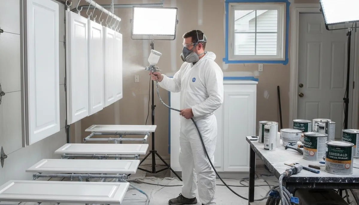 Professional cabinet painting process applying smooth, durable kitchen finishes in Des Moines, IA