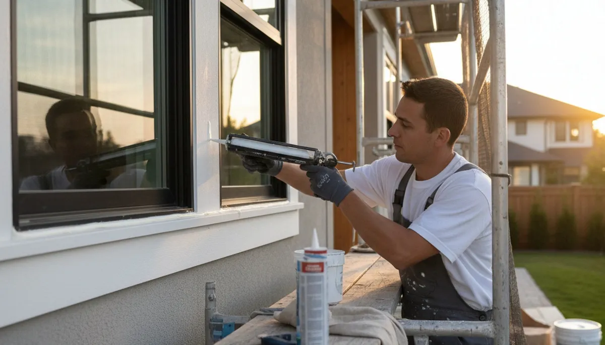 Professional caulking and sealing on Des Moines, IA home exterior for weather protection