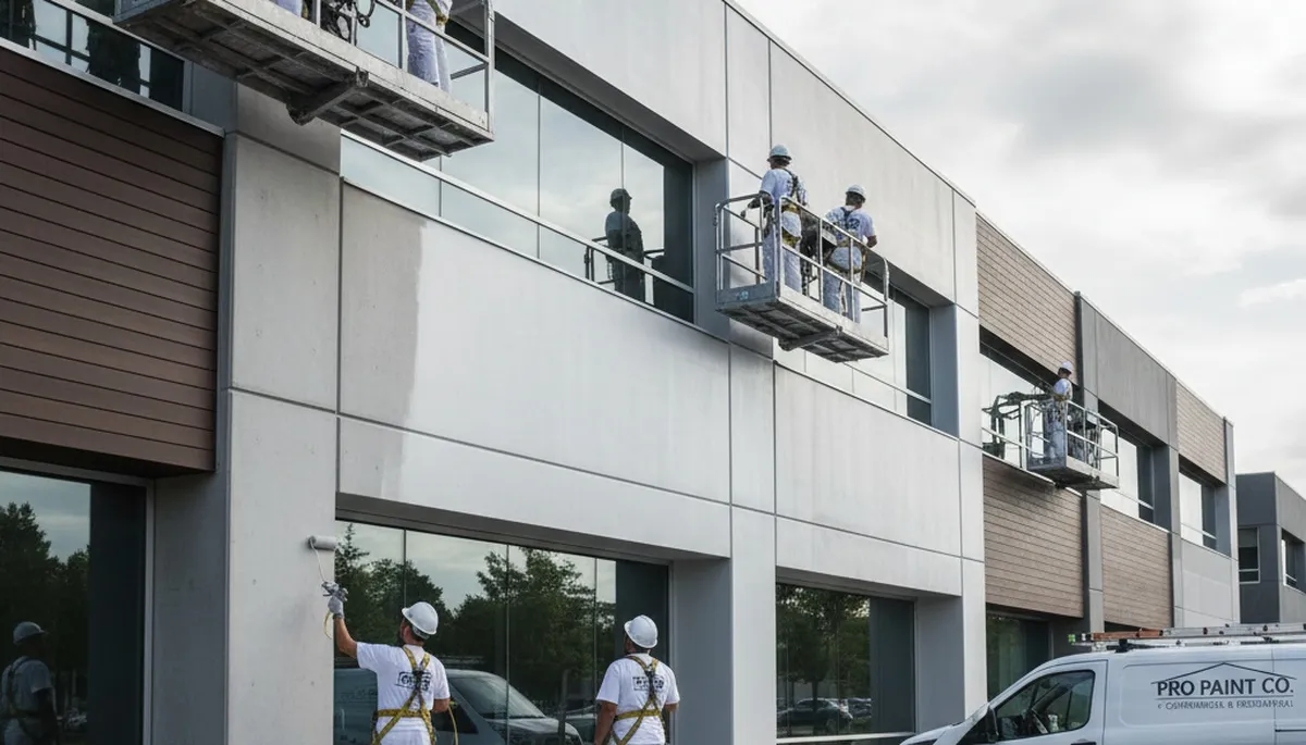 Professional commercial painters working on business exterior in Des Moines, IA
