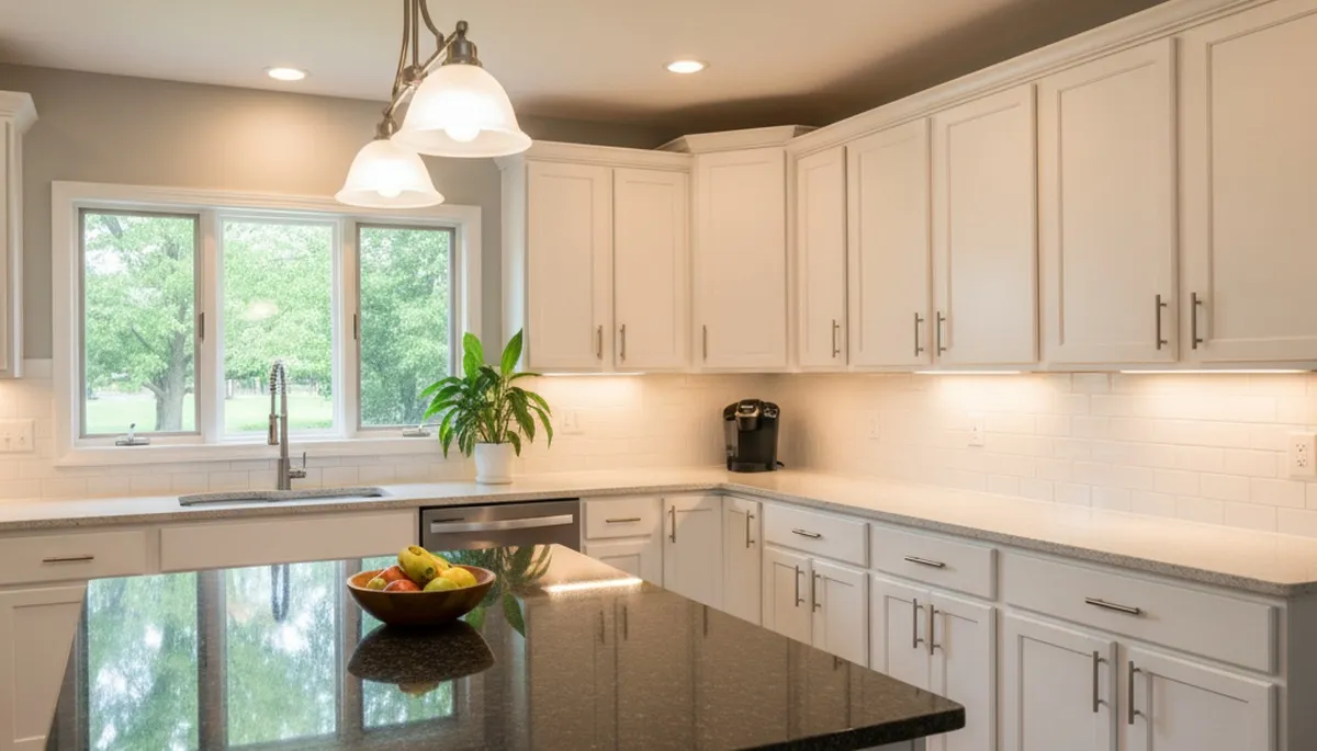 Refinished kitchen cabinets with smooth, durable finish by professional painters in Des Moines, IA