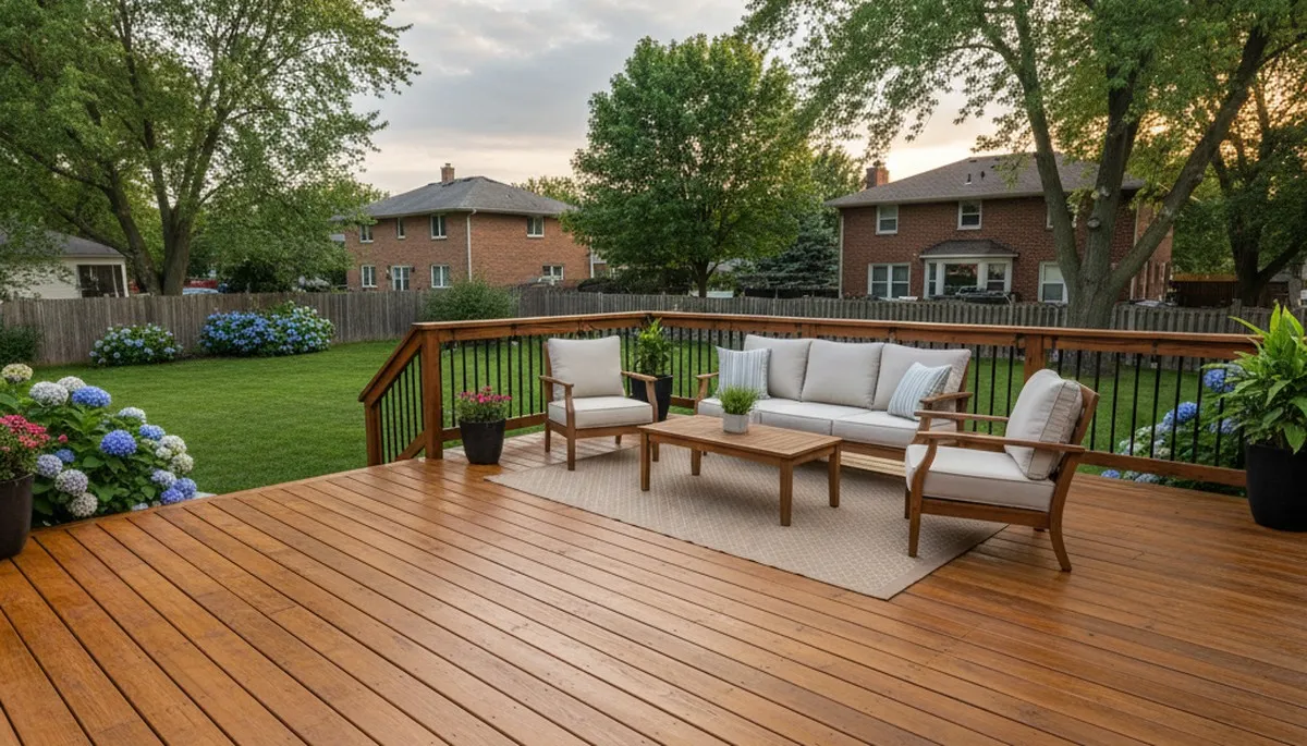 Freshly stained wood deck after professional pressure cleaning in Des Moines, IA by local painting experts
