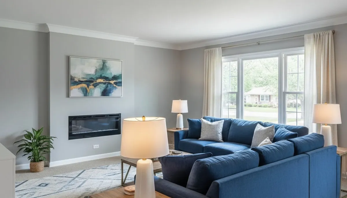 Freshly painted Des Moines IA living room with smooth interior finishes by expert house painters