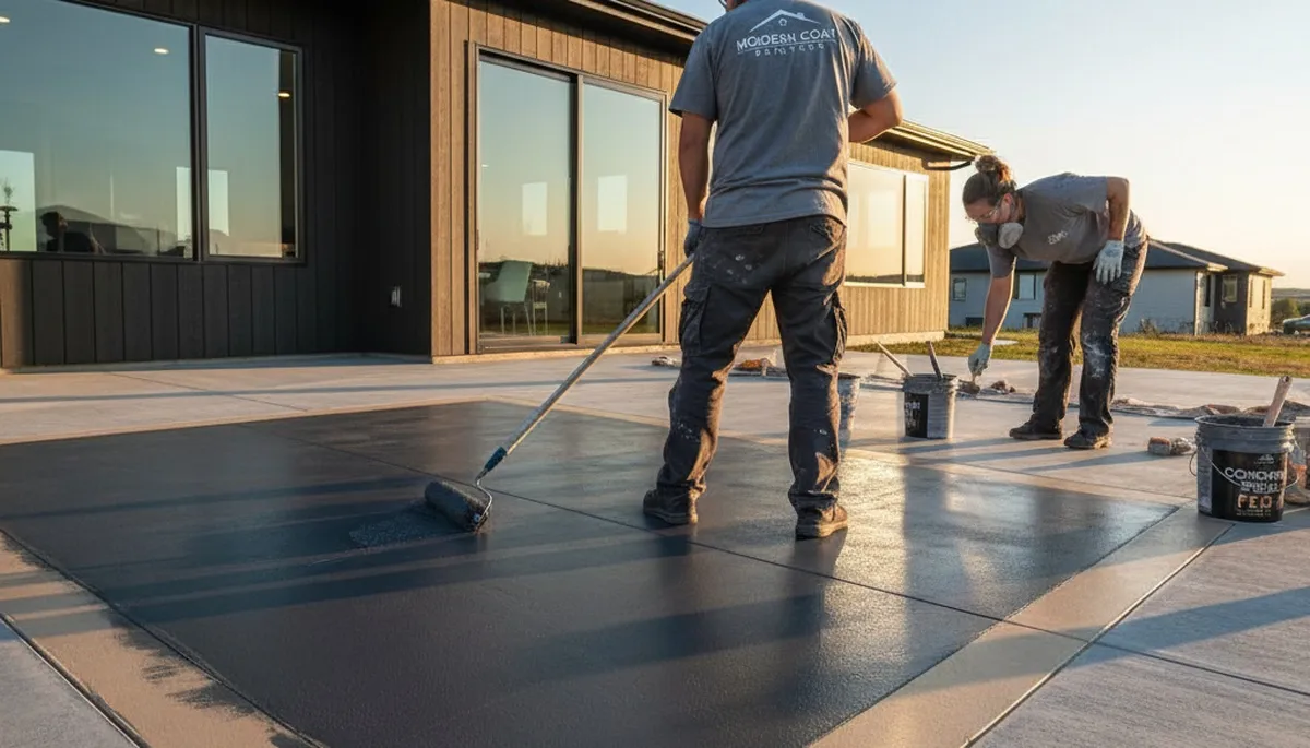 Professional concrete staining on residential patio in Des Moines, IA by expert house painters