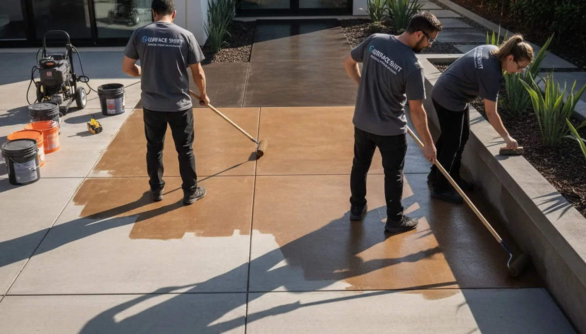 Professional concrete staining on garage floor in Des Moines, IA by expert house painters