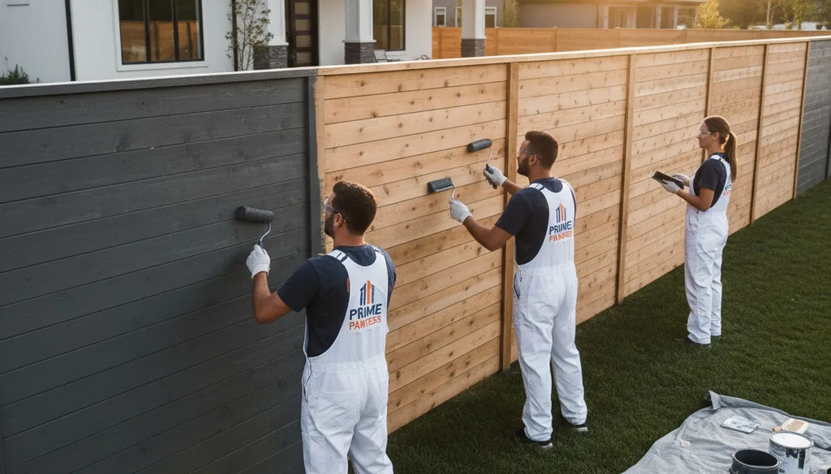 Professional fence painters coating wood fence in Des Moines, IA for lasting curb appeal