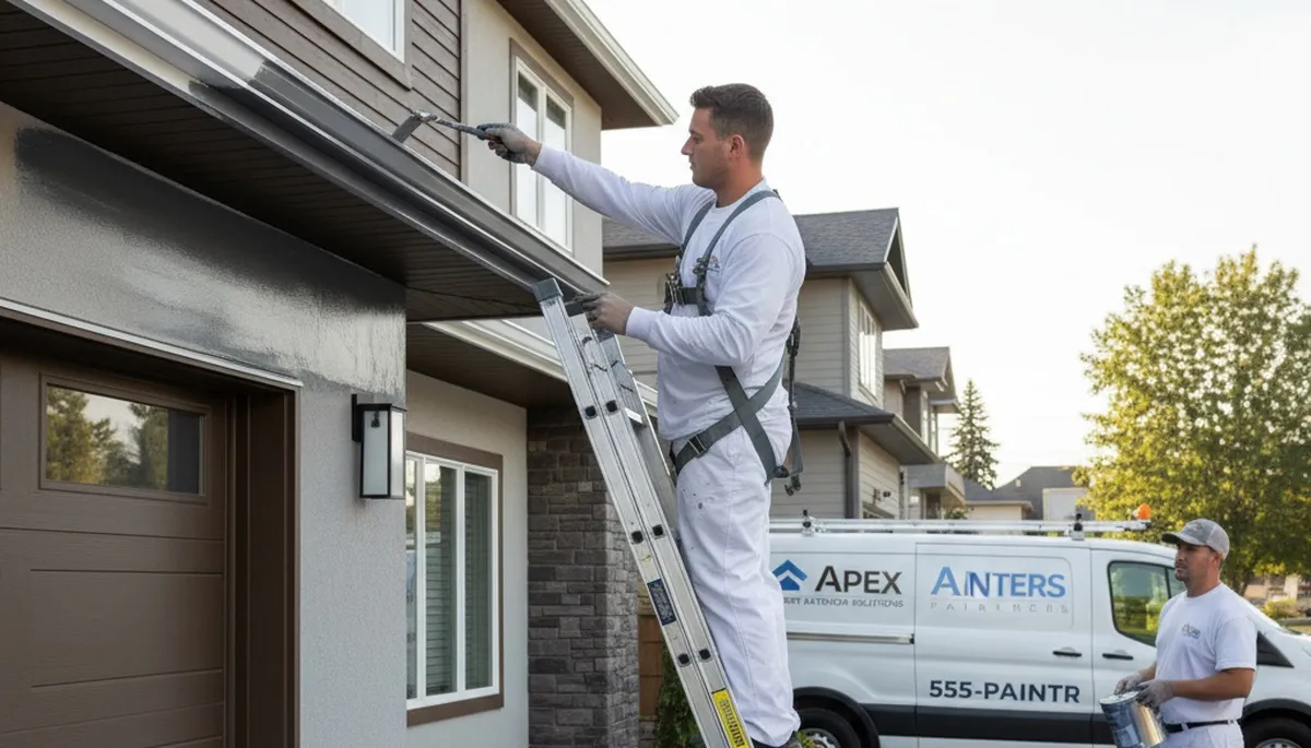 Professional gutter painting on a Des Moines IA home by expert house painters