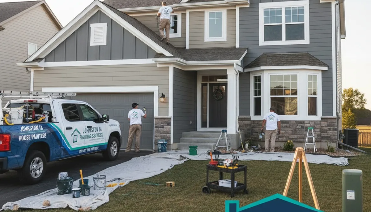 Professional house painters working on exterior home in Des Moines, IA