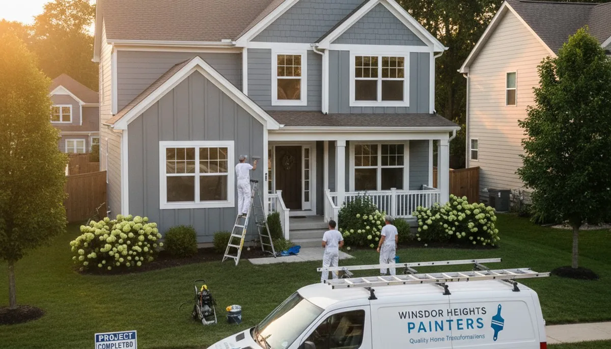Professional house painters working on exterior home in Des Moines, IA
