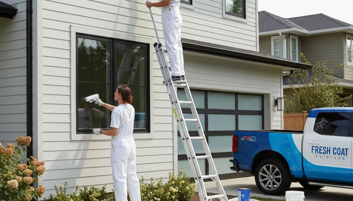 Professional siding painting on a Des Moines IA home by expert local house painters