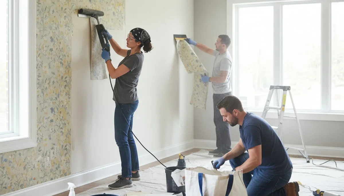 Painter removing old wallpaper in Des Moines, IA home before interior painting prep