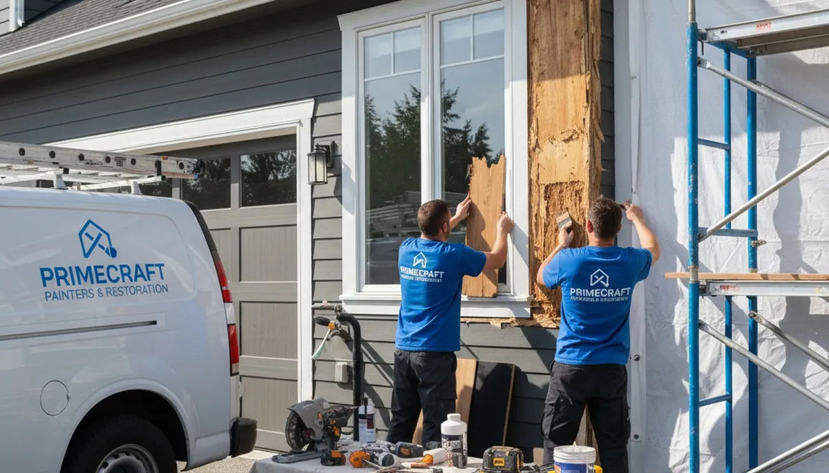 Professional wood rot repair on Des Moines, IA home exterior by expert local painters